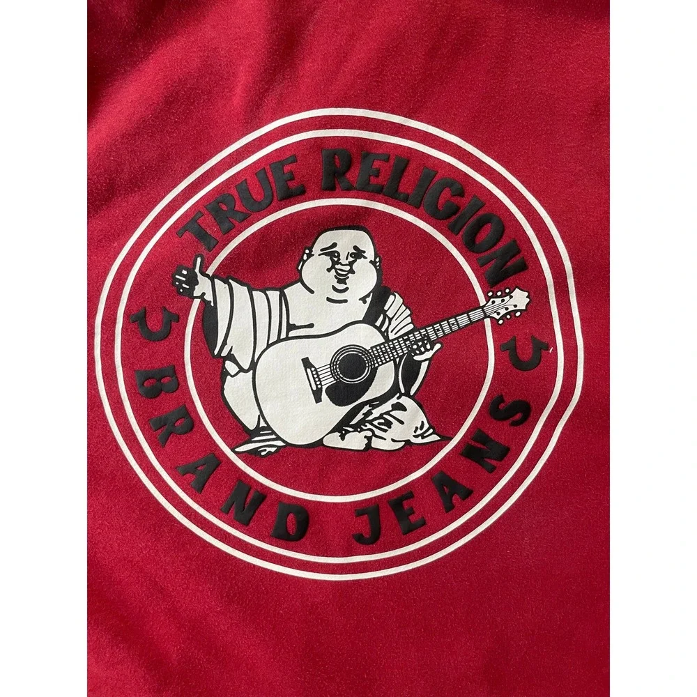 True Religion Mens Large Zip Hoodie Red Buddha Logo Back Graphic Sweatshirt